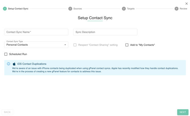 gPanel Setup Contact Sync interface for defining sync name, type, and behavioral settings, featuring a notification regarding iOS contact duplication.
