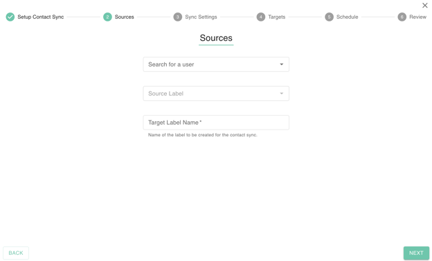 gPanel Contact Sync Sources interface for selecting the master user account, source contact label, and defining the target label name for recipients.