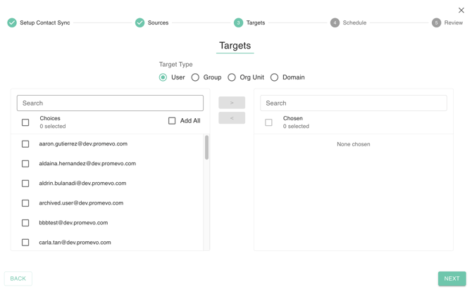 gPanel Contact Sync Targets interface showing options to select specific Users, Groups, Org Units, or Domains for synchronization.