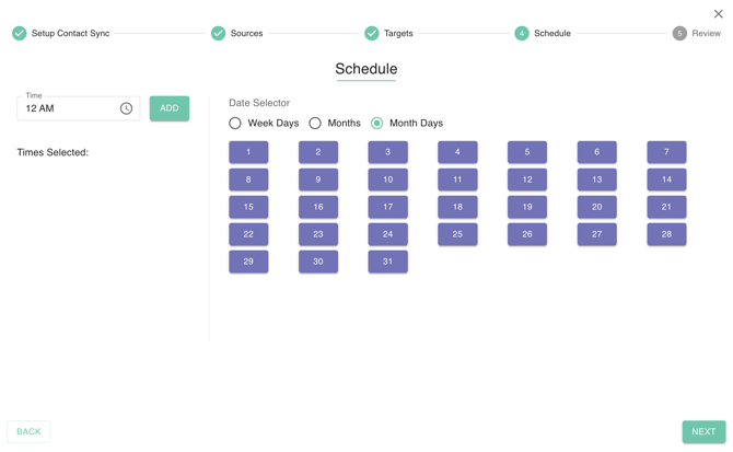 gPanel Contact Sync Schedule interface featuring a date selector and time settings for automated contact list updates.