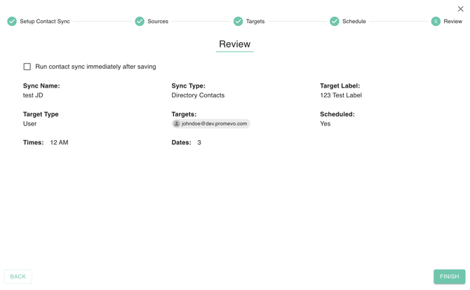 gPanel Contact Sync Review screen showing a summary of sync type, target labels, and schedule details before finalizing the policy.