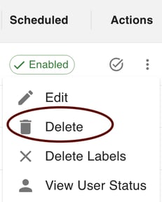 gPanel Contact Sync action menu with the Delete option highlighted to remove a contact synchronization rule.