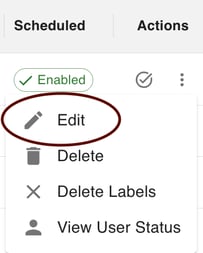 gPanel Contact Sync actions menu with the Edit option highlighted to modify an existing synchronization policy.