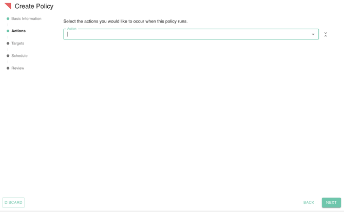 gPanel Create Policy Actions interface for selecting specific automated tasks to occur when a policy runs.