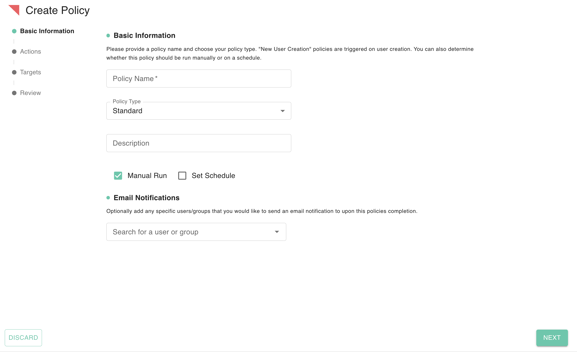 gPanel Create Policy interface showing Basic Information setup, including policy type, scheduling options, and email notification settings.
