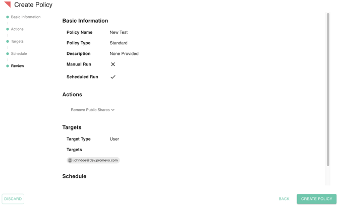 gPanel Create Policy Review screen displaying a summary of basic information, actions, targets, and schedule before final creation.