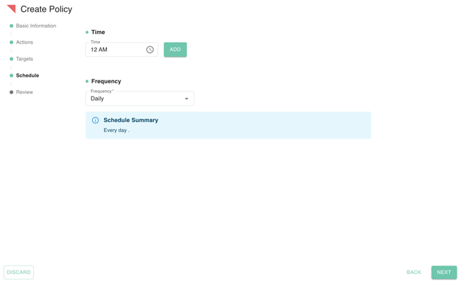 gPanel Create Policy Schedule interface showing options to set the time and frequency for automated policy runs.
