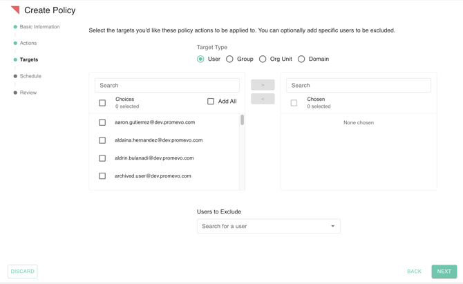 gPanel Create Policy Targets interface showing options to select Target Type by User, Group, Org Unit, or Domain and an exclusion search field.
