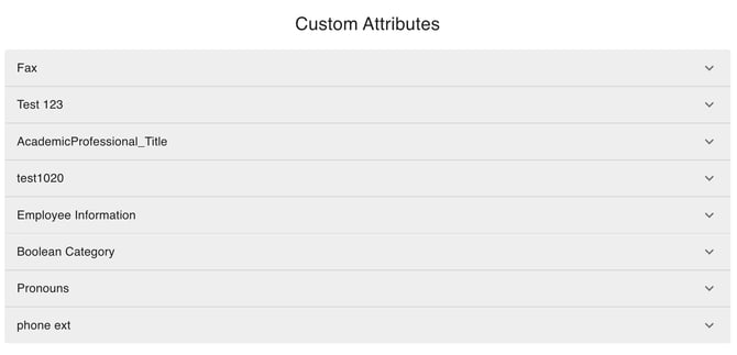 gPanel Custom Attributes dashboard showing expandable categories for user schemas like Employee Information and Pronouns.