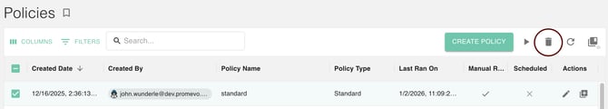 gPanel Policies dashboard with the trash icon highlighted for deleting selected management policies.