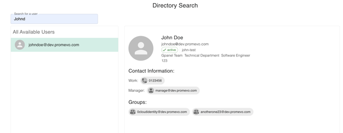 gPanel Directory Search results showing user contact info, job title, manager, and group memberships.