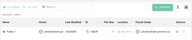 gPanel search results table displaying document details including Name, Owner, Last Modified date, and file Location.