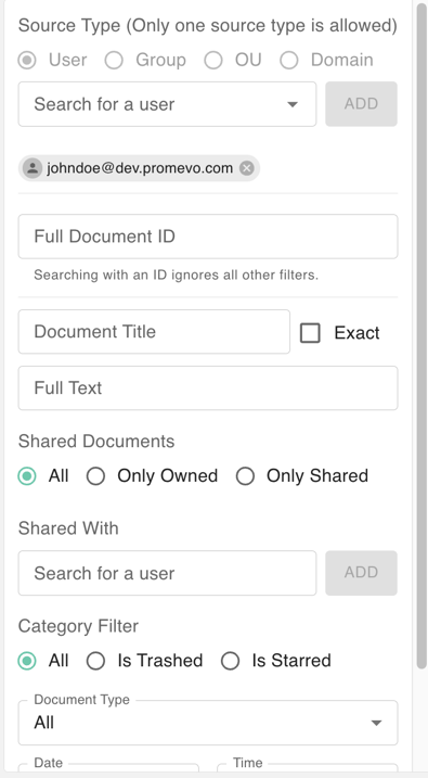 gPanel advanced report filtering interface with options for Source Type, Document ID, Title search, and Shared Document ownership filters.