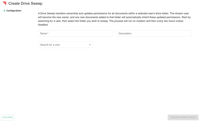 gPanel Create Drive Sweep configuration screen for setting the policy name, description, and selecting the target user for ownership transfer.