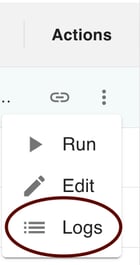 gPanel Drive Sweep action menu with the Logs option highlighted to view run history and document success rates.