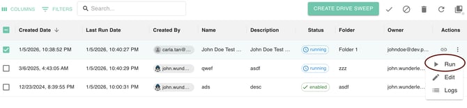 gPanel Drive Sweep actions menu with the Run option highlighted to manually initiate a folder ownership transfer.