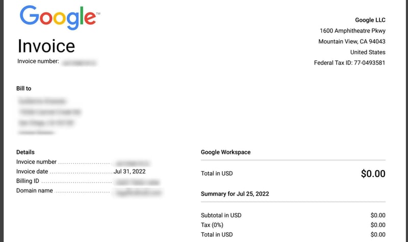A sample Google invoice 
