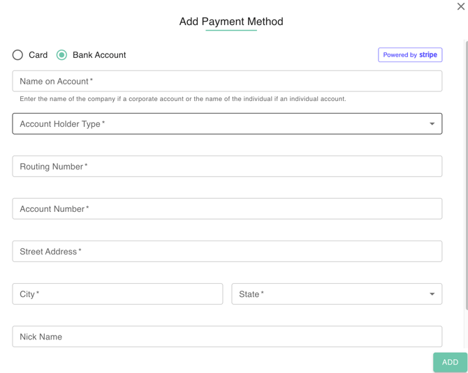 Screenshot of the Add Payment Method menu on gPanel, showing how to add a bank account