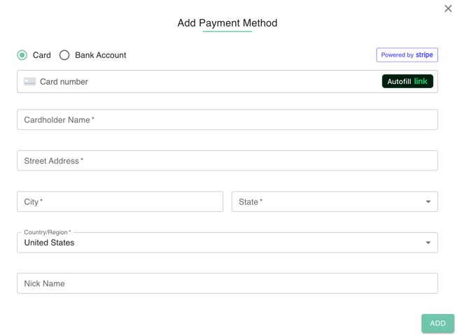 Screenshot of the Add Payment Method menu in gPanel, showing how to add a credit card