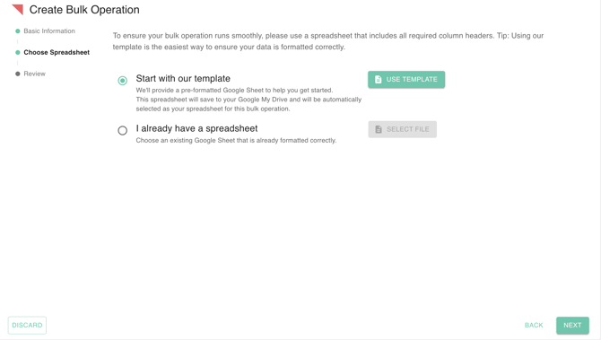 The image displays a user interface for creating a bulk operation in Google Sheets. It includes options for basic information, choosing a spreadsheet, and reviewing the operation