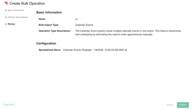 The image displays a user interface for creating a bulk operation, specifically for importing a calendar events template.