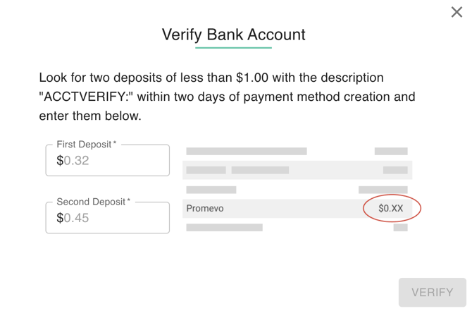 Screenshot of the verify bank account menu in gPanel