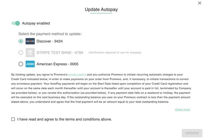 Screenshot of the gPanel autopay update screen
