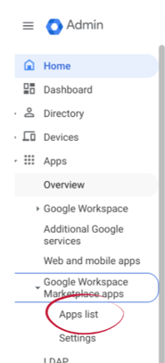 Screenshot showing the Apps list menu in Google Admin Console