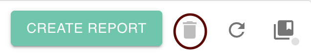 The image displays a user interface element with the text 'CREATE REPORT' on a teal rectangular button. To the right, there are three icons: a trash can icon within a circle, a circular arrow, and a square with a corner folded.