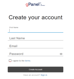 The image displays a user registration form for creating an account on a website called "gPanel" by Promevo. The form includes fields for entering a first name, last name, email, and password, along with a checkbox to agree to the terms.