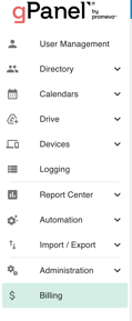 The image displays a screenshot of a software interface, specifically the gPanel by Promevo. It shows a navigation menu with various options that include User Management, Directory, Calendars, Drive, Devices, Logging, Report Center, Automation, Import/Export, Administration, and Billing
