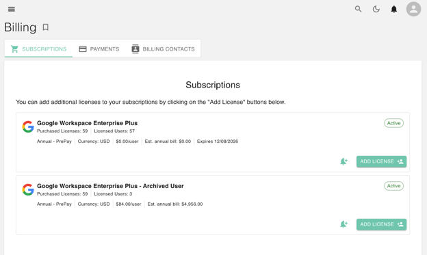 The image displays a user interface section titled 'Subscriptions' from a web page. It shows details for two Google Workspace Enterprise Plus subscriptions.