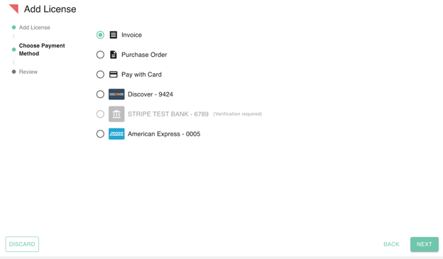 The image displays a user interface for adding a license, with options to choose a payment method and additional settings.