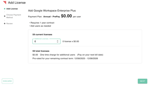 The image shows a user interface for adding a Google Workspace Enterprise Plus license. It includes options to choose a payment method, review details, and buttons to discard or proceed to the next step.