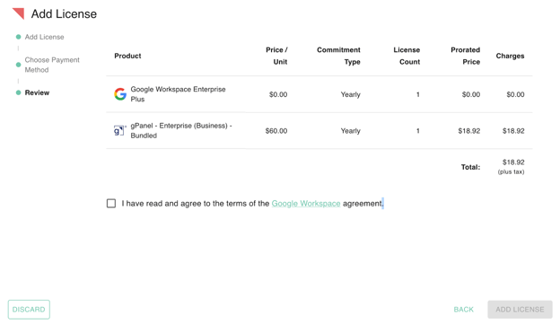 The image displays a user interface for adding a license on a website. It includes a table with columns for Product, Price/Unit, Commitment Type, License Count, Prorated Price, and Charges.