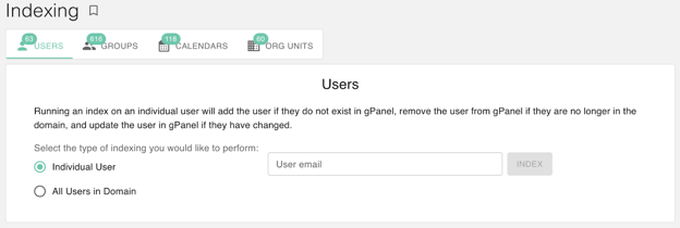 The image shows a user interface from a software application with a section titled 'Indexing'. It includes a navigation menu with options such as USERS, GROUPS, CALENDARS, and DOR UNITS. 