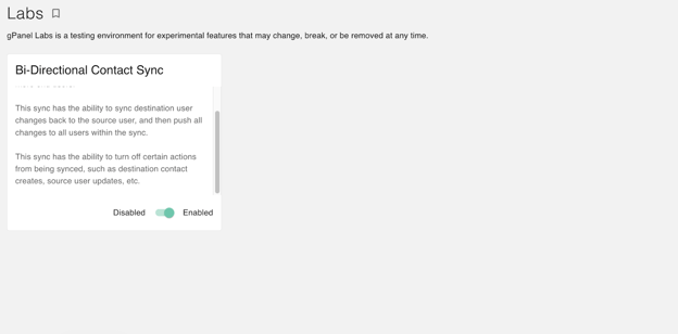 The image of gPanel's Labs function features a setting related to 'Bi-Directional Contact Sync', which is described as a feature that allows users to sync changes from the destination user back to the source user, and to push updates to all users within the sync