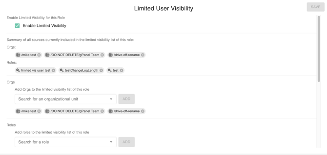 The image shows a user interface for 'Limited User Visibility' settings. It includes options to enable or disable limited visibility for a role, a summary of sources currently included in the list, and sections to add orgs (organizations) to the list.