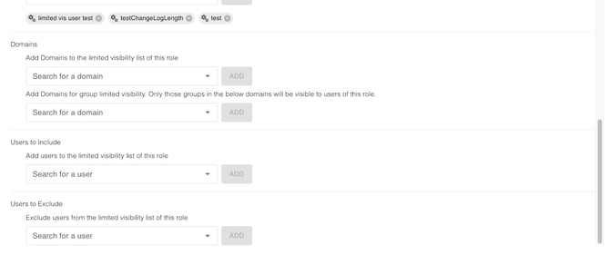 The image appears to be a screenshot of a settings panel for user and domain visibility management, possibly from a website or software application. It includes options to add or exclude users to a limited visibility list, as well as to search for a domain or user within the system.