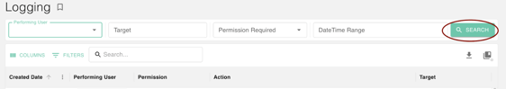 The image shows a user interface for a logging feature. There is a search bar with a 'SEARCH' button highlighted in a red circle. Below the search bar, there are tabs for 'COLUMNS' and 'FILTERS' and a search field with a magnifying glass icon.