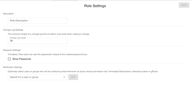 The image displays a user interface for 'Role Settings' with various configuration options such as 'Change Log Settings', 'Password Settings', and 'Notification Settings'. There is a search bar for finding users or groups, and options to save the settings.