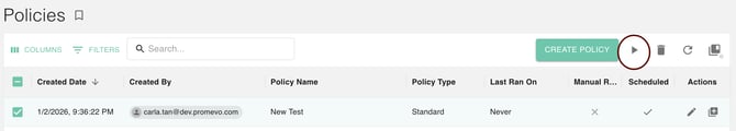 gPanel Policies dashboard with the Play icon highlighted to manually run a selected management policy.