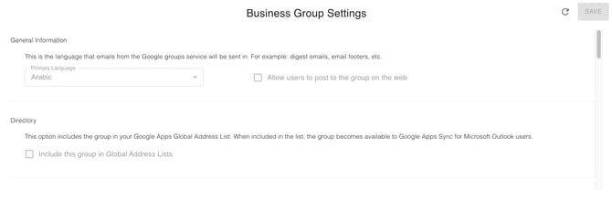 Screenshot showing some of the available business group settings in gPanel