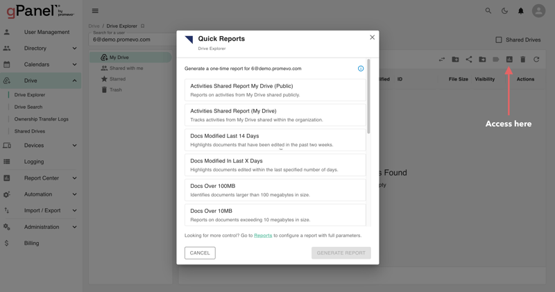 Quick Reports for Google Drive in gPanel