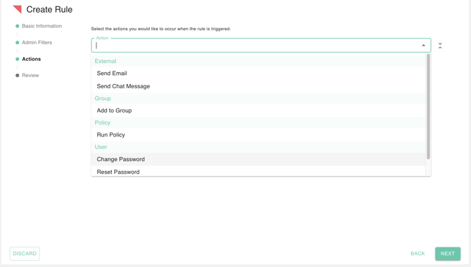 gPanel Rules Engine Actions dropdown menu featuring options for sending emails, adding users to groups, and resetting passwords.