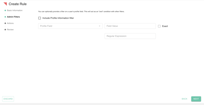 gPanel Rules Engine Admin Filters interface for adding profile information filters and regular expressions to automation rules.