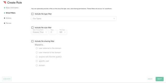 gPanel Rules Engine Drive Filters interface with options to filter by file type, file size, and sharing permissions.