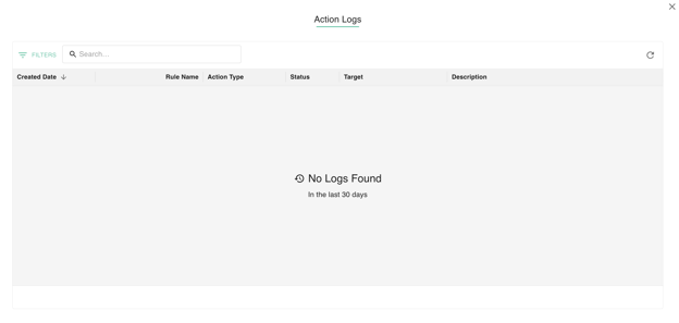 gPanel Action Logs dashboard showing columns for Rule Name, Action Type, and Status for auditing automation history.