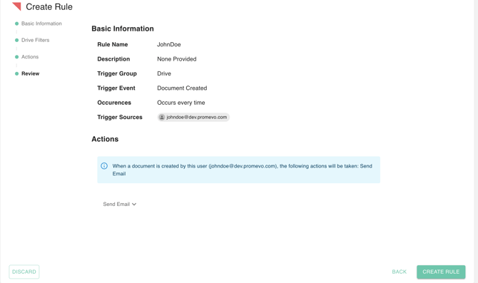 gPanel Rules Engine Review screen displaying a summary of rule name, trigger events, and automated actions before creation.