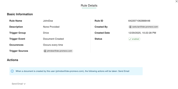 gPanel Rule Details view showing basic information, rule status, creator details, and configured automation actions.